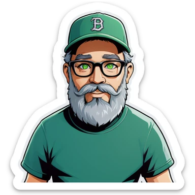 A bold man with a grey baseball cap, green eyes, big beard and glasses, waving  sticker