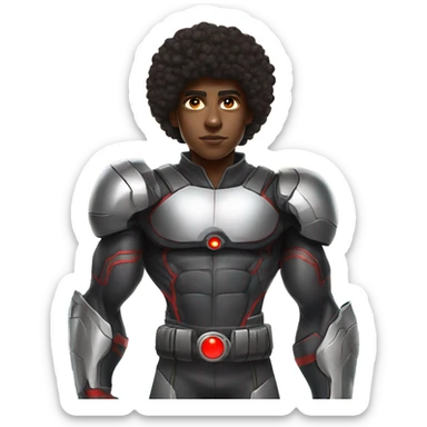 Muscular Afro teenage boy in a Cyborg superhero costume with a red left eye standing on a spaceship. sticker