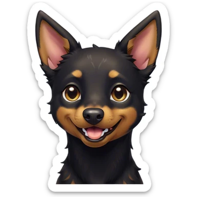 Cinematic Comical Black and Tan Kelpie Portrait Emoji, Head tilted dramatically with an exaggeratedly amused expression, featuring a striking black Fur with bold tan patches, wide, expressive dark eyes filled with playful disbelief, Simplified yet hilariously expressive features, highly detailed, glowing with a slightly sassy glow, high shine, dramatic yet playful, stylized with an air of cheeky mischief, bright and endearing, soft glowing outline, capturing the essence of a spirited and over-the-top herder, so meme-worthy it feels like it could side-eye its way into internet fame instantly! sticker