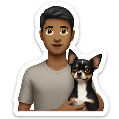 Boy with black hair and brown eye holding a black and brown chihuahua  sticker
