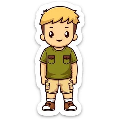 boy wearing an olive-green shirt over a brown T-shirt with beige cargo shorts sticker