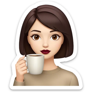 A brunette girl with a bob hairstyle, drinking coffee  Burgundy sticker