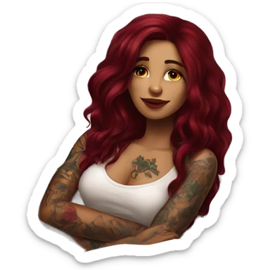 Beautiful tattooed burgundy long haired woman laying on the bed sticker