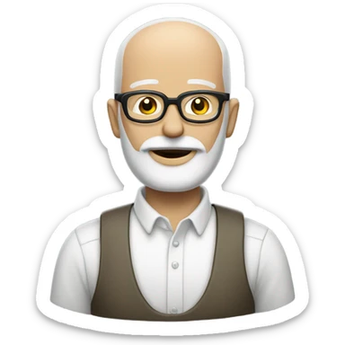 Bald white man with a salt and pepper beard and crooked glasses sticker