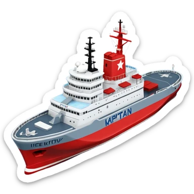 Realistic 3D icon of icebreaker "Kapitan Krutov" (grey hull, red star, white superstructure, "РОСМОРПОРТ" lettering). Soft winter lighting, 3/4 aerial view. Fractured blue ice, white background. High detail, photorealistic GSON style. sticker