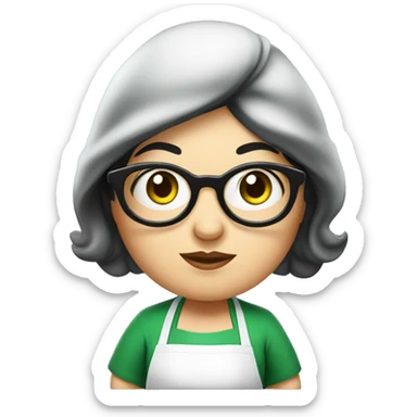 chubby lady with black hair and big eyes green apron  with glasses cooking  sticker