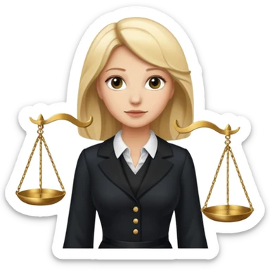 woman lawyer blanche et blonde habillée avec une longue robe noire et un col blanc, avec la balance de la justice derrière elle sticker
