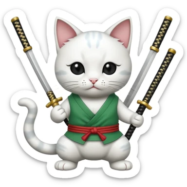 un gato blanco con reeferencia a roroa zoro "una espada en cada mano y una en la boca sticker