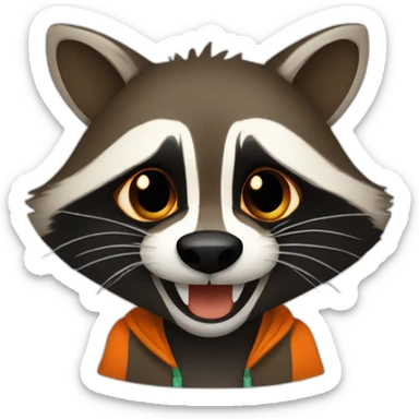 brown raccoon with orange eyes and a dark green hood that is laughing sticker