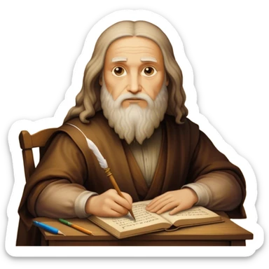 Cinematic Realistic Leonardo da Vinci Portrait Emoji, depicted as the quintessential Renaissance polymath with deep, thoughtful eyes, a flowing beard, and a quill or sketchbook in hand. The scene is illuminated with warm, classical lighting, evoking the atmosphere of a master artist’s workshop, surrounded by early sketches of inventions and masterpieces like the Mona Lisa. sticker