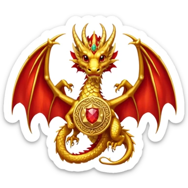 Golden Dragon with wings crest/brosch in a circle with red gems sticker