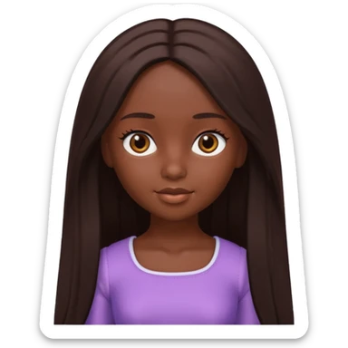 Boneca digital em estilo 3D realista e fofo, semelhante a uma boneca colecionável. Mulher jovem com pele negra, olhos castanhos escuros, cabelo liso cor chocolate, longo e bem alinhado.  sticker