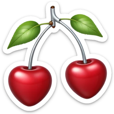 A pair of cherries emoji made of polished silver chrome, smooth rounded shapes, glossy metallic finish, soft highlights and reflections, cute proportions, iOS emoji style, centered, clean white background, no text sticker