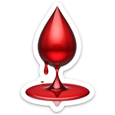 single blood drop emoji sculpted from dark liquid metal, glossy surface, dramatic reflections, futuristic minimal 3D style, isolated on white sticker