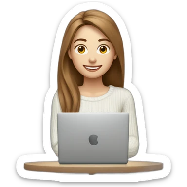 smiling woman with pale skin middle brown long straight hair with a laptop and a coffee mug wearing a white woolly shirt. It's snowing sticker