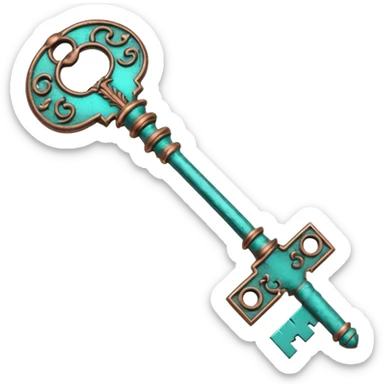 3D render of Vintage Key, heavily oxidized copper texture, verdigris patina, Ornate key fully turned teal, weathered bronze aesthetic, ancient decay, emoji style, isolated on white background --v 6.0. sticker
