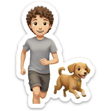 A smiling teenage boy with curly hair and a gray t-shirt standing in a garden, wearing a yellow pendant necklace, looking at the viewer, with a dog running in the grass in the background, suburban house, natural lighting, depth of field, high resolution, realistic painting, style of impressionism. sticker