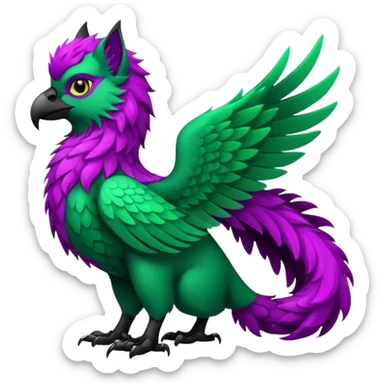Emerald-green gryphon with a long tufted tail, black beak, dark-magenta swirly pattern markings, black claws, black tail, majestic, realistic, furry (full body) sticker