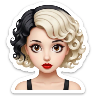 a girl, 26 years old, short hair curled inwards, two-tone hair with the front half black and the back half white. big eyes, red lips, very cool sticker
