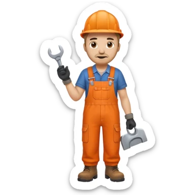 railway engineer, looking tired in full orange overalls, boots, holding a spanner emoji sticker