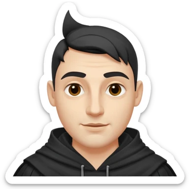 A handsome man with fair complexion. masculine, roman, slightly crooked nose. Thick triangular eyebrows. Hooded eyes and black pupils.  smily lips with a heavy top lid.  Jinu haircut sticker