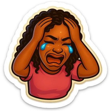  laughing with Tears rolling down face 
Mouth Pout
hands on head 
pink shirt 
head down
 sticker