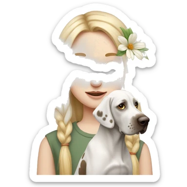 pale skin girl with blue eyes with long blonde hair that has a flower in her hair  holding a English pointer mixed with a lab dog the dog also has a flower in its hair sticker