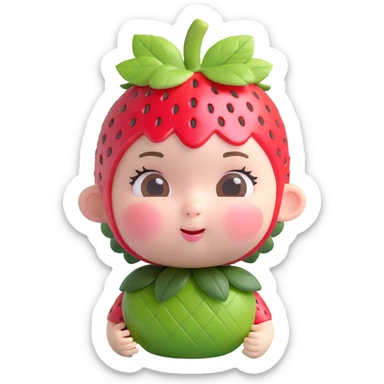 soft cute baby-faced character with pinkish skin, strawberry leaf and small strawberry on head, round body, expressive facial features, 3D style sticker