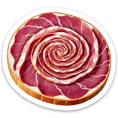 dry-cured Italian ham thin folded slices, deep pink-red, translucent, creamy white fat marbling, natural curl, silky surface, no plate, garnish, or packaging, soft lighting, emoji scale sticker