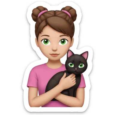 girl emoji with blue eyes, light skin, brown hair in a bun, wearing a pink t-shirt, black cat with green eyes sitting on her shoulder sticker