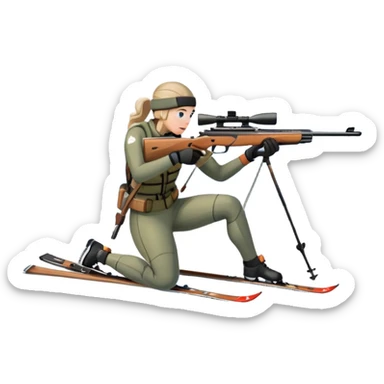 An icon showing a snowy landscape with pine trees, mountains and a clear sky with a biathlete aiming a rifle in the foreground, wearing winter gear and skis. Transparent background emphasizes the precision, endurance, and beauty of this winter sport. sticker