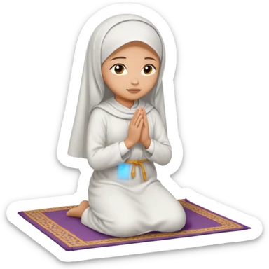 Light skin Muslim woman in plain white abaya side profile praying on prayer mat  holding up hands to god sticker