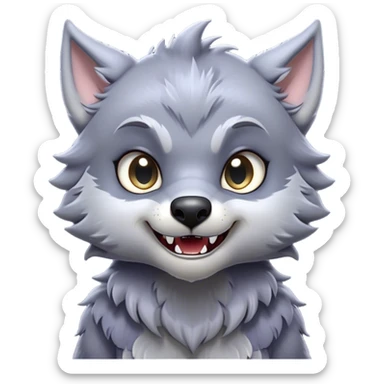 Cinematic Cute Werewolf Portrait Emoji, with a cuddly, miniature lupine form in soft moonlit grays and silvers, featuring oversized sparkling eyes and a sweet, endearing snarl, simplified yet irresistibly adorable, highly detailed with a gentle glowing outline that captures the playful, heartwarming essence of a little werewolf! sticker