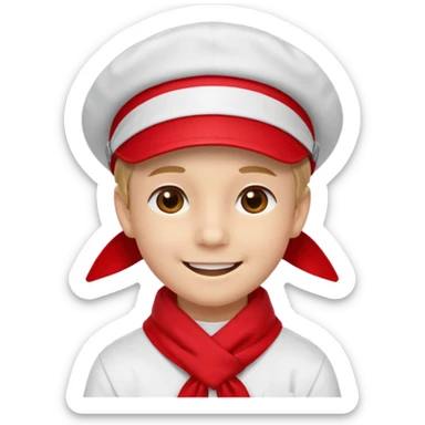 A Soviet pioneer emoji — smiling young boy wearing a bright red tie (pioneer neckerchief) and a red pilotka cap. White shirt, neat and cheerful, minimal flat emoji style, simple colors, clear outlines, professional emoji design. sticker