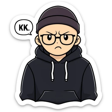 bald white guy with glasses, wearing a black beanie, black hoodie, angry furious expression, thought bubble that says “kk” sticker