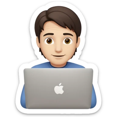 A man in his mid 20s, middle part average dude with slightly droopy eyes, happy, using a MacBook, hero for an iOS developers website sticker