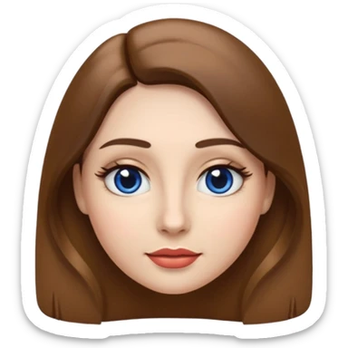 woman's face in rounded glossy emoji style inspired by modern Apple IOS 18 emojis. White British skin tone, long brunette hair, gentle volume at the crown. almond shaped eyes with blue irises, black pupils, false upper eyelashes. Dark, slightly arched eyebrows. Nose small and rounded. Glossed lips. sticker