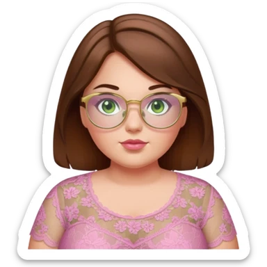 Baddie bratz girl with middle parted long wavy brown hair. green eyes. Plus size. pink lace top. Gold rimmed glasses sticker