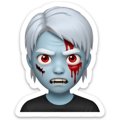 Create a 3D emoji-style avatar with very pale blue-grey zombie skin like the reference image, a young Asian face, and large eyes with blood tears. Give it white mullet-style hair, silver hoop earrings, and a plain black T-shirt. The face expression should be slightly angry, wwhite vampire teeth sticker