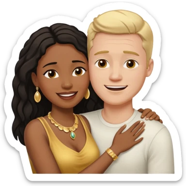 interracial couple. Black smiling woman with nice jewelry. White man crying with his arm around her shoulder. sticker