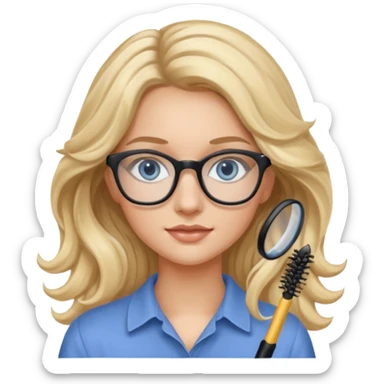 Fille 20ans qui a des cheveux long et blond et wavy avec des lunettes et des yeux bleu- gris avec du mascara sticker