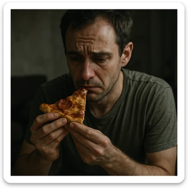 hyperrealistic man eating a slice of pizza, his face and body language express strong guilt, tense expression, downcast or worried gaze, realistic environment, detailed, intense atmosphere sticker