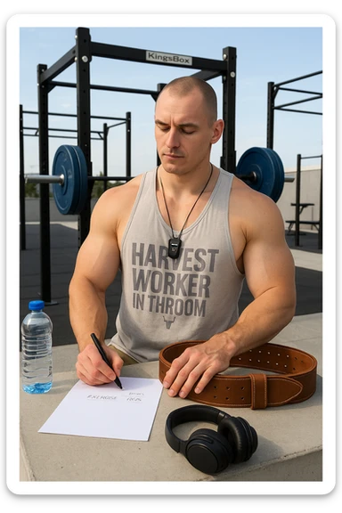 un uomo prepara con cura il suo set di pesi e la cintura per streetlifting, controllando una lista di esercizi e ripetizioni scritta su un foglio. Accanto a lui, una borraccia e delle cuffie. L’espressione è serena e sicura, a sottolineare l’importanza della programmazione per un allenamento efficace. Lo sfondo è un’area fitness urbana, pulita e ben attrezzata. sticker