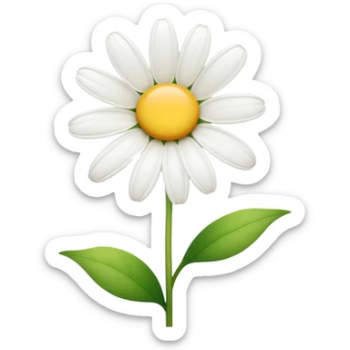 Cinematic Realistic Daisy Emoji, Cheerful and pure, with bright white petals surrounding a sunny yellow center, standing proudly atop a slender green stem. The soft, vibrant petals seem to radiate positivity, while a few green leaves frame the delicate flower. Soft glowing outline, capturing the essence of simplicity, innocence, and happiness in a single daisy. sticker