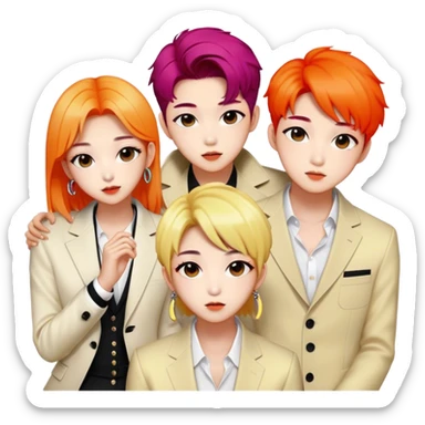Cinematic Realistic BTS Portrait Emoji, depicted as a dynamic energetic portrayal of the global K-pop group with stylish modern attire and vibrant expressions, rendered with rich textures and bold contemporary lighting that captures their youthful charisma. sticker
