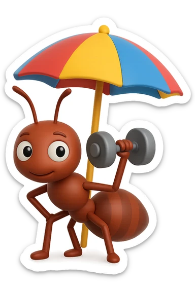 EMOJI STILE IPHONE 3D DI una formica che si allena sotto l'ombrellone in spiaggia con un manubrio da palestra in mano, fagli anche la parte bianca degli occhi, non solo la pupilla sticker