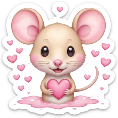 This is a cute watercolor illustration of a small, cream cartoon mouse with large, round, pink-lined ears. The mouse has heart eyes, a small open mouth, and is surrounded by floating pink hearts, conveying a feeling of love, adoration, or strong affection. sticker