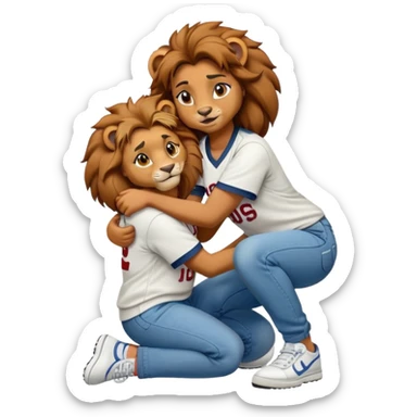 confident anthropomorphised female lion wearing a baseball shirt, jeans, and trainers, crouched on her hunches, comforting another character sticker