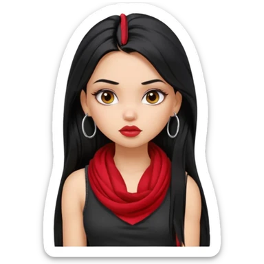 a pretty bratz girl with long black hair, kajal under eyes, small silver hoop. black tank top on. Red scarf around neck sticker