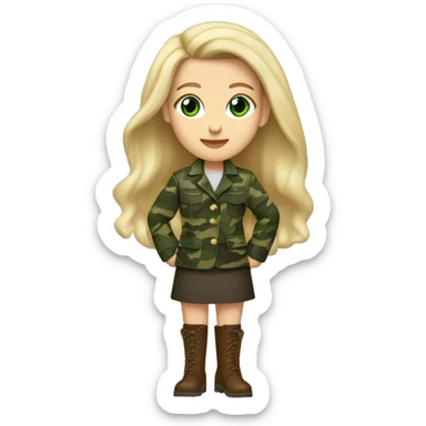 White girl with Long blonde hair and green eyes, camouflage Wool oversize blazer, mini skirt and Brown leather boots  sticker